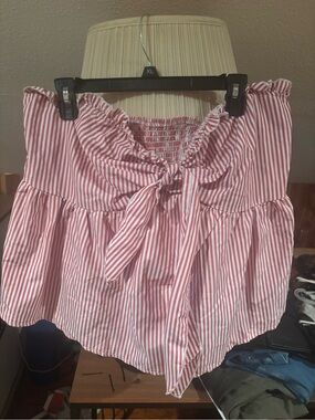 SHEIN Red and White Striped Tie-Front Off-Shoulder Top
